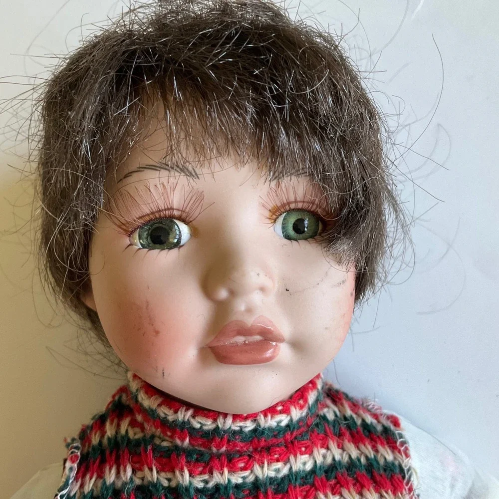 Vintage Porcelain Boy Doll Green‎ Eyes Knit Vest Corduroy Pants 12